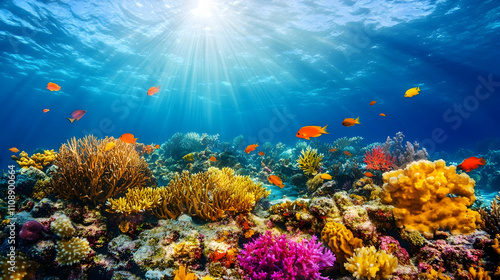 Wallpaper Mural Vibrant coral reef teeming with colorful fish under sunlit ocean water. Torontodigital.ca