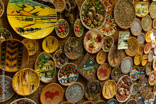 Colorful ceramic plates in Yerevans market showcase intricate designs and the creativity of local artisans. photo