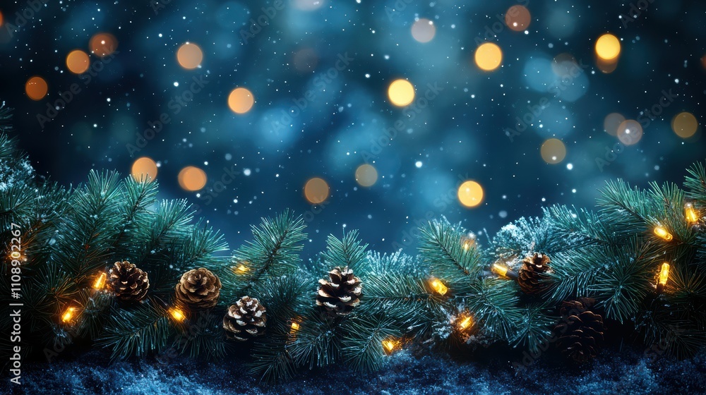 Fototapeta premium Pine garland with fairy lights on deep blue background