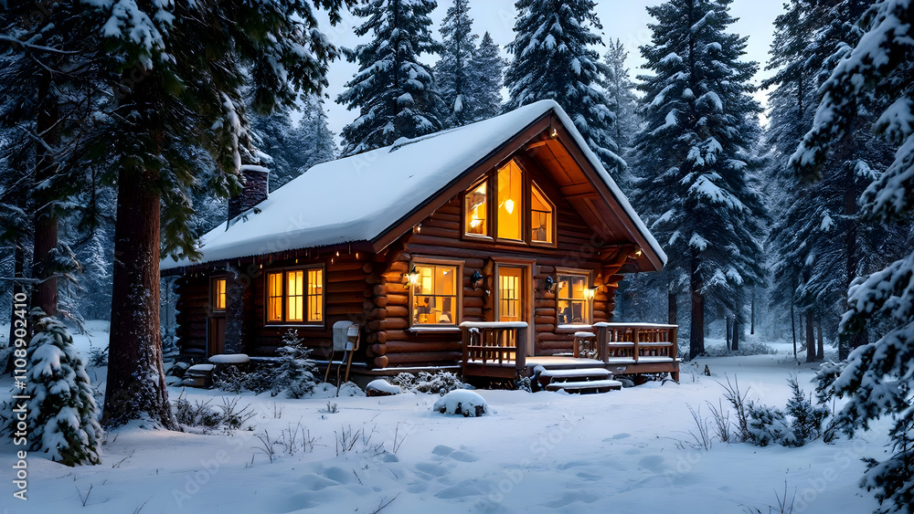 Cozy Winter Cabin in Snow - Warm Lights and Serene Pine Forest Cozy Winter Cabin in Snow - Warm Lights and Serene Pine Forest
