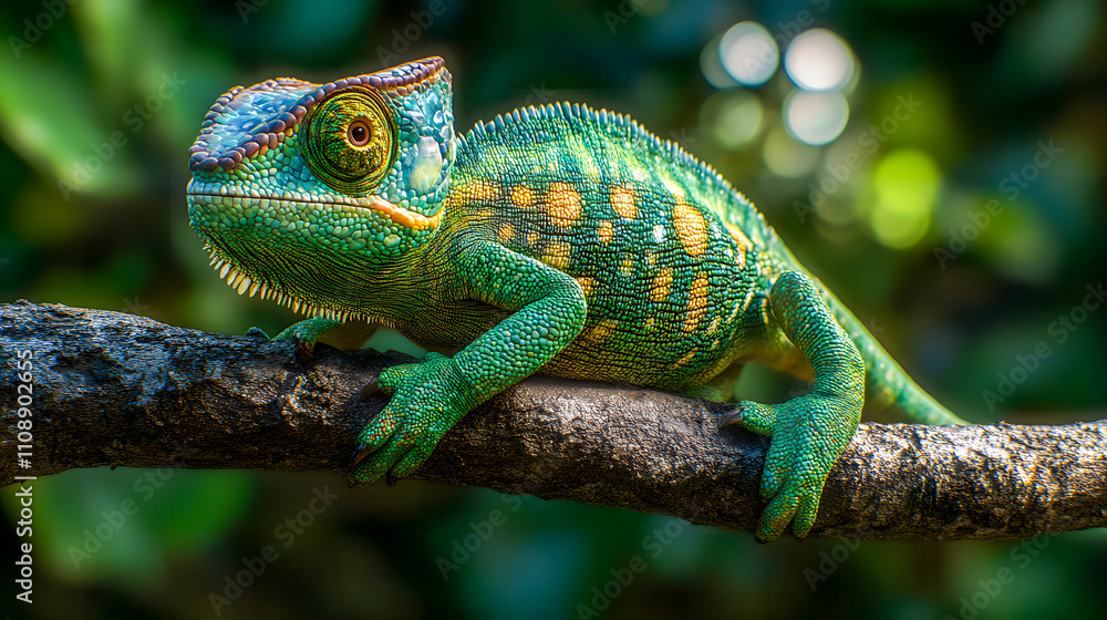 Obraz premium Green colored chameleon close up