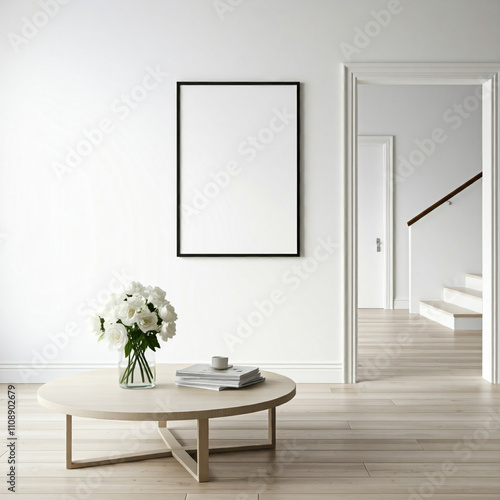 A large, black-framed picture hangs on a white wall, providing a blank canvas for potential artwork photo