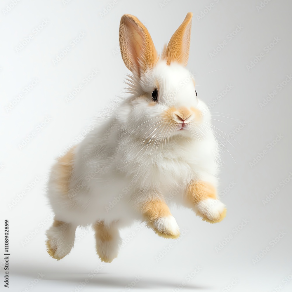 Fototapeta premium Cute rabbit hopping in mid-air, white background