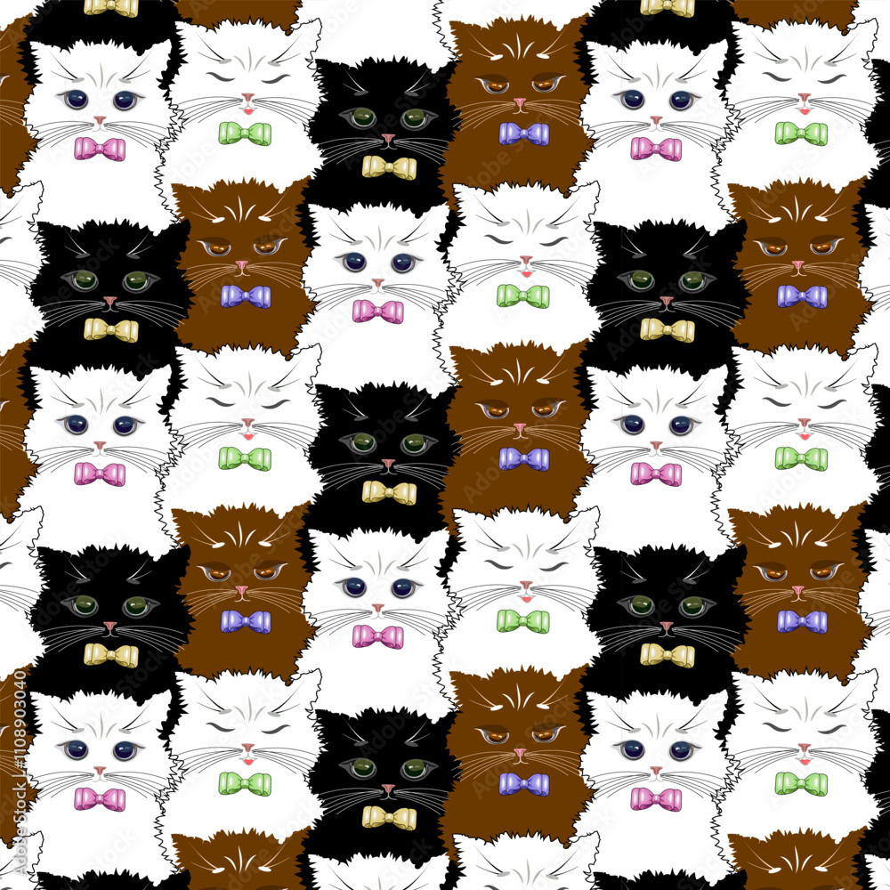 Obraz premium Multi-colored cats with bows.Vector pattern with cute multi-colored cats on a transparent background.