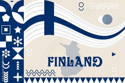 Finland banner with cultural design. Independence day design for Finland celebration. Modern neo geometric retro design with flag, map and abstract icons. White and Blue. Vector Illustration