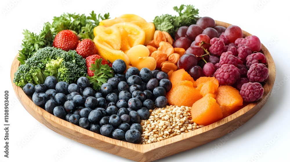 Vegetables and fruits in a heart-shaped wooden container Vegetables and fruits in a heart-shaped wooden container