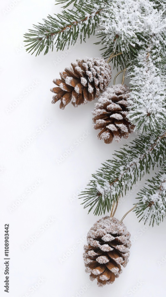 Fototapeta premium A frosty pine branch adorned with snow-covered cones, capturing the essence of winter's beauty and tranquility.