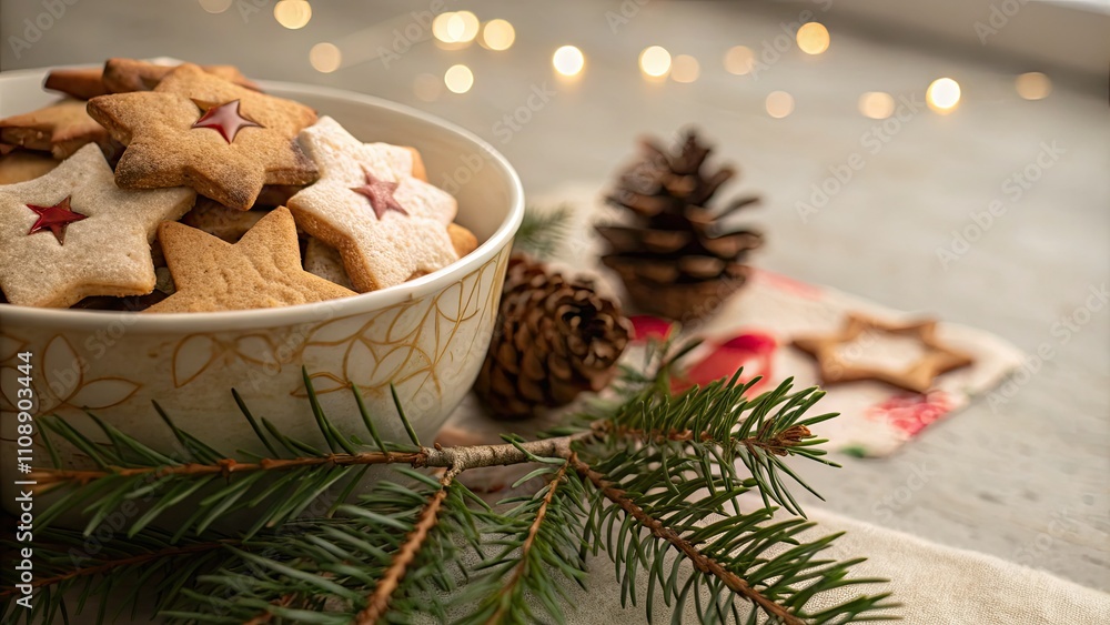 Fototapeta premium Bowl of Cookies Surrounded by Pine Needles and Stars - Cozy Winter Treats, Festive Baking, Holiday Snacks, Rustic Decor, and Delicious Desserts for Seasonal Celebrations