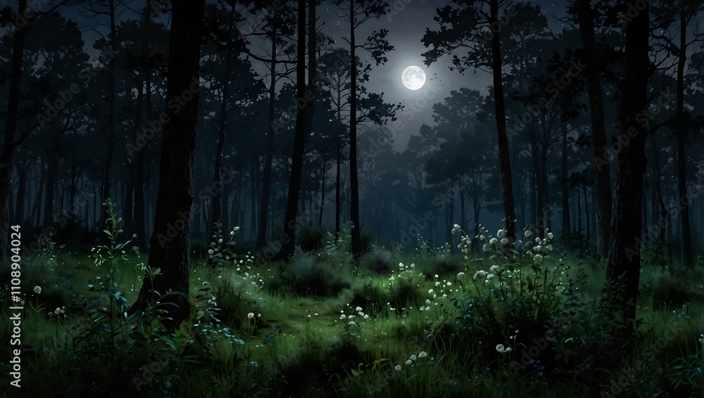 Fototapeta premium Starlit twilight in a forest with moonlight on flora.