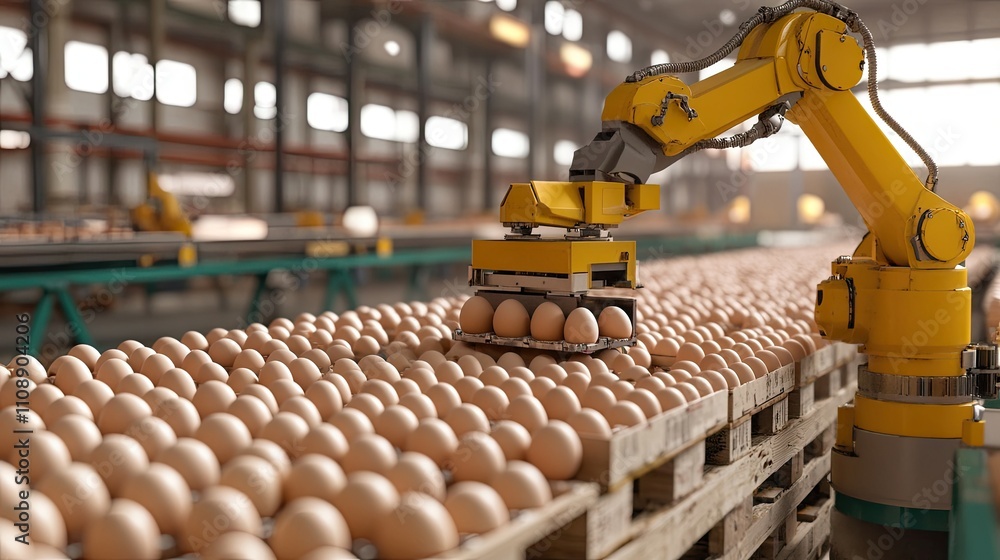 Fototapeta premium Robotic systems loading egg cartons onto pallets for shipping in a high-tech industrial warehouse.