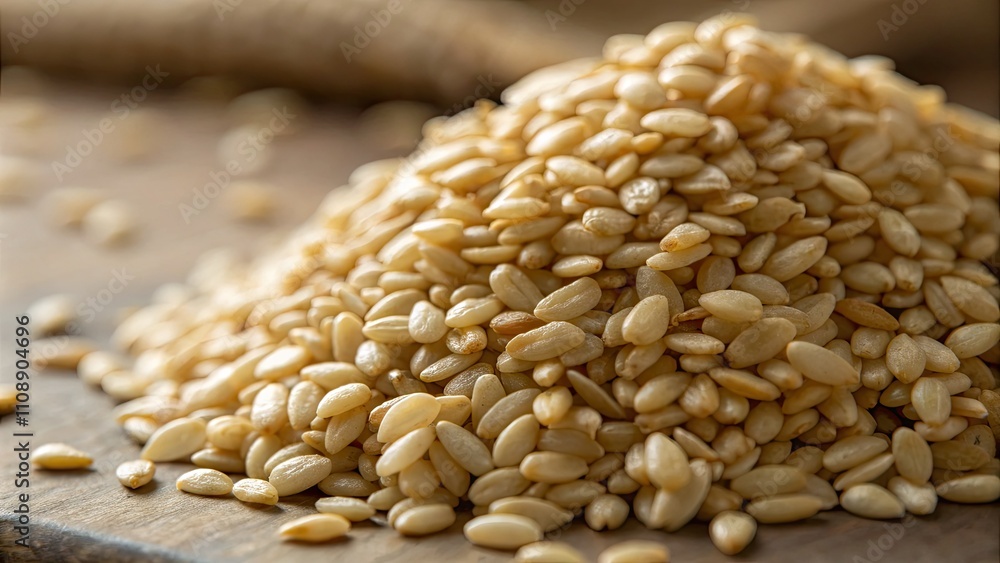 Fototapeta premium Close-Up of Organic Unhulled Sesame Seeds Highlighting Their Smooth Texture and Nutty Flavor for Culinary Use in Middle Eastern, Asian, and African Dishes
