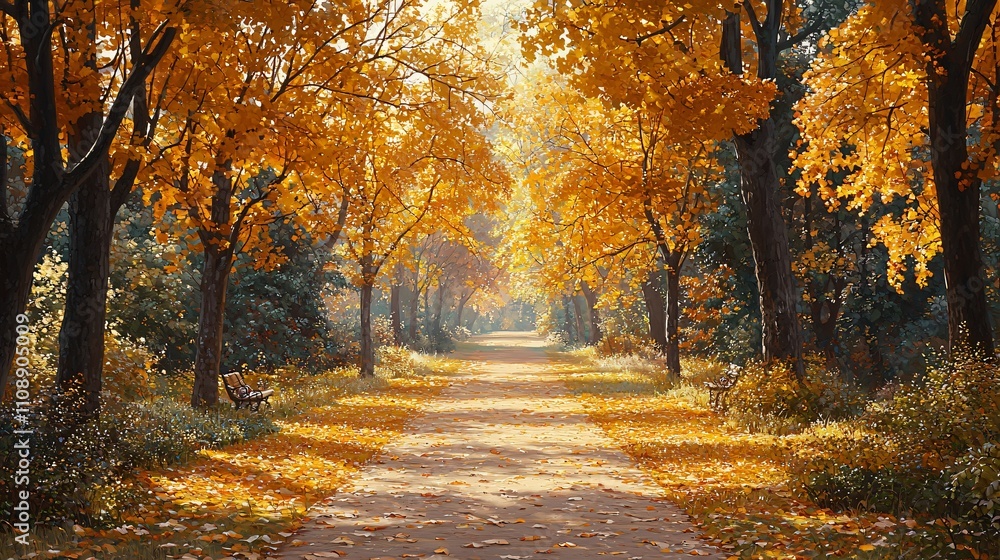 Fototapeta premium Golden leaf-strewn pathway invites peaceful strolls through autumn landscape