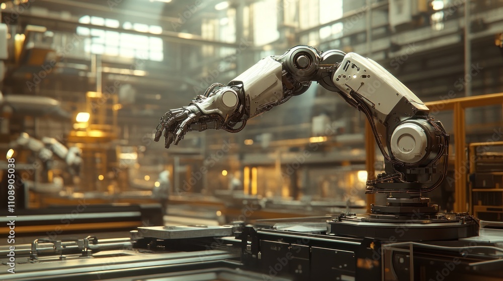 Fototapeta premium Robotic arm in industrial factory setting.