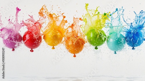 Colorful water splashes from bursting balloons in an energetic display of joy photo