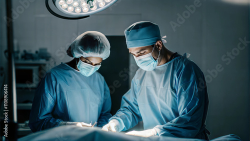 group of veterinarian surgery in operation room take with art lighting and blue filter