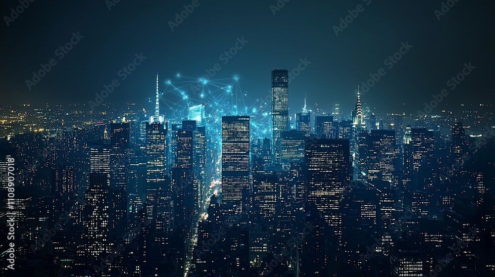Obraz premium Night cityscape with digital network overlay.