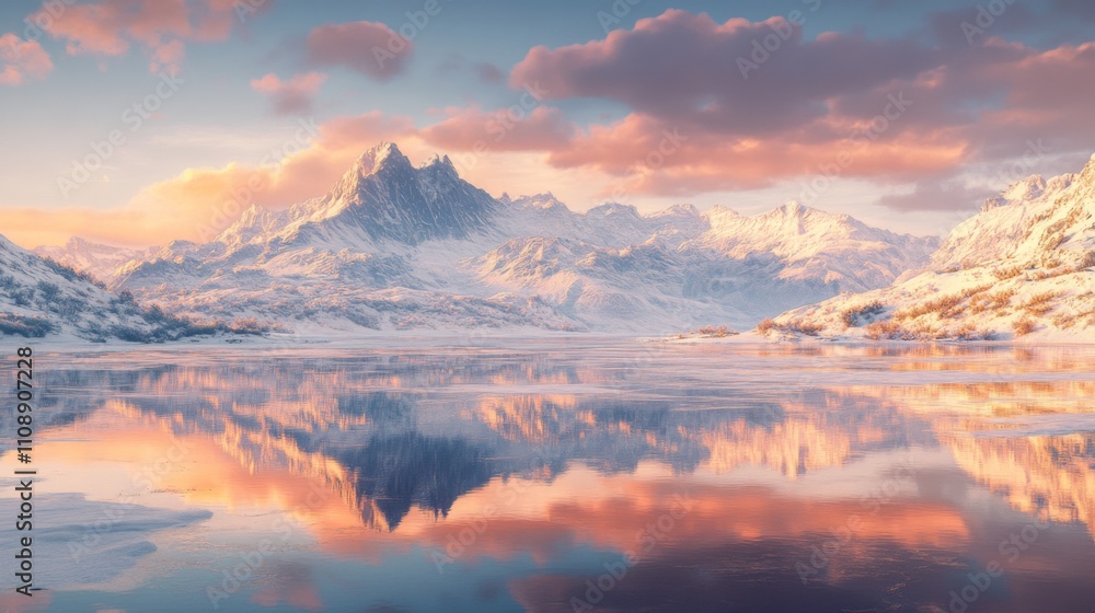 Obraz premium Snowy Mountain Range Reflected in a Tranquil Lake at Sunset