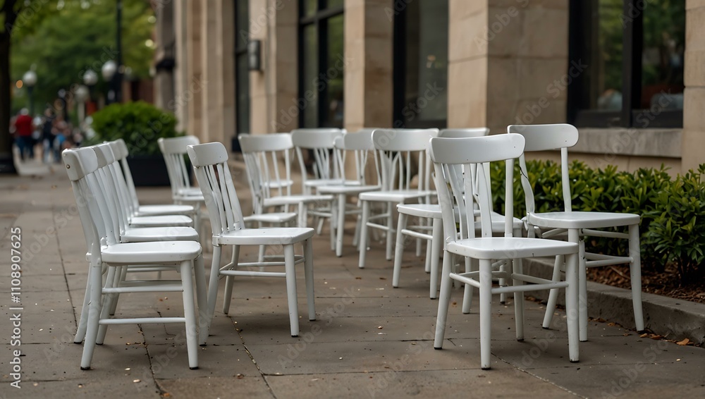 Fototapeta premium Stock photo of white chairs on a sidewalk.