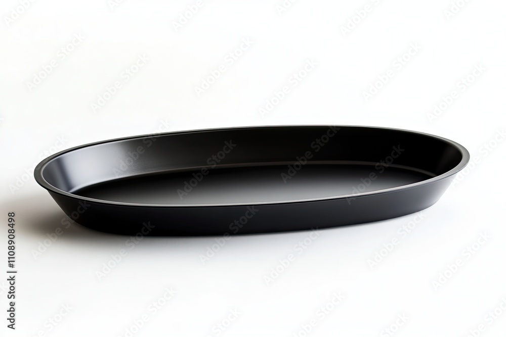 Contemporary black metal tray thats empty oval with a matte finish on a clean white background Contemporary black metal tray thats empty oval with a matte finish on a clean white background