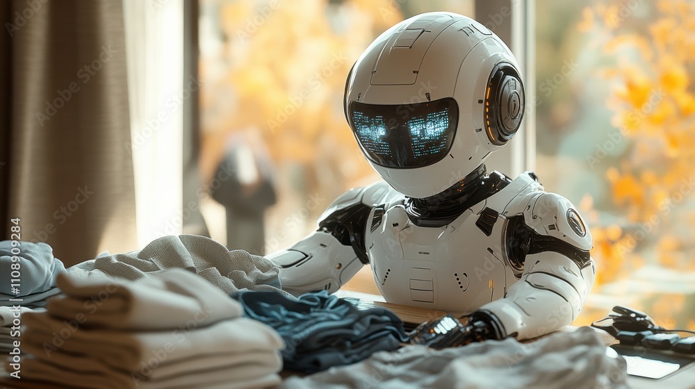 Fototapeta premium Ai robot folding laundry with blurred human figure in background