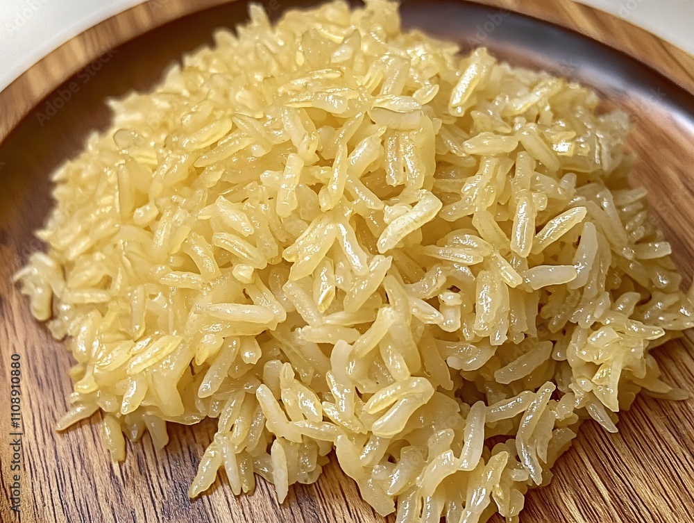 A serving of cooked brown rice on a wooden plate, showcasing its texture and color. A serving of cooked brown rice on a wooden plate, showcasing its texture and color.