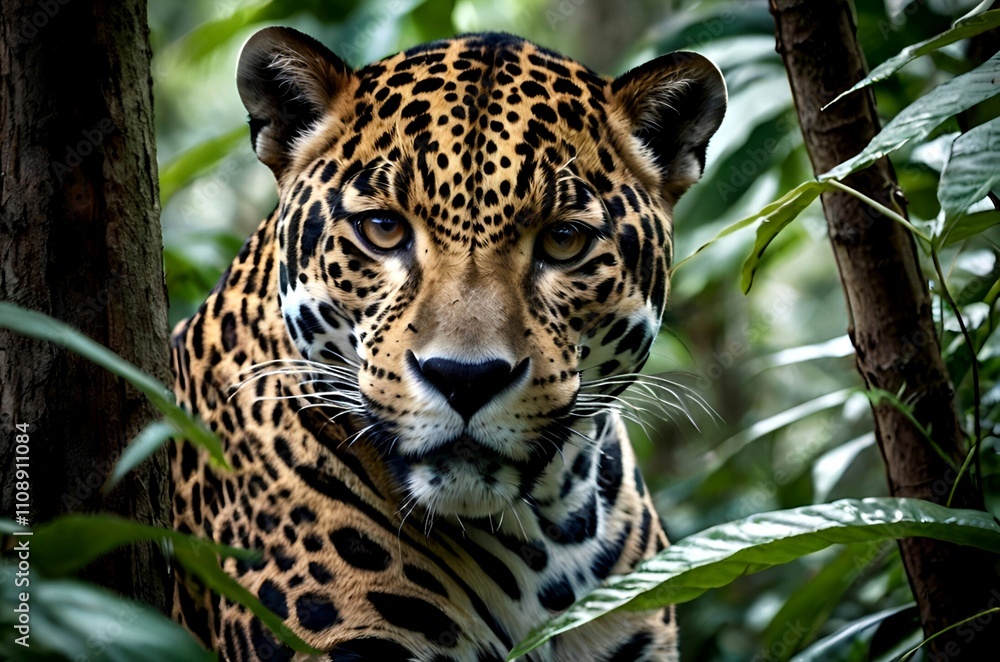 Fototapeta premium Glimpse into the heart of the jungle, as a leopard's face emerges from the emerald green leaves.