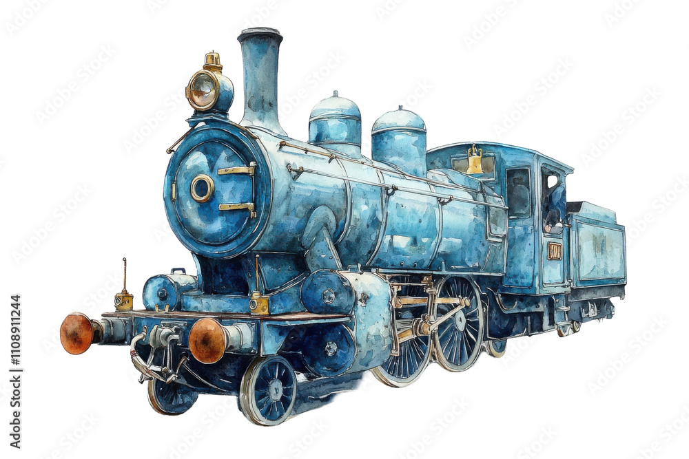 Fototapeta premium Blue Train Watercolor Painting Isolated on PNG Transparent Background