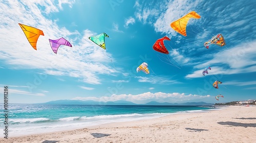Colorful kites flying above a beach with the open sea in the background