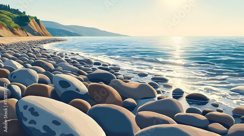 Rocky beach with smooth stones glistening under the midday sun near the sea photo