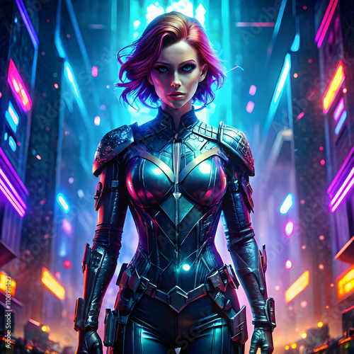 Black Widow in Diamond-Encrusted Tactical Suit with Cyberpunk Glow