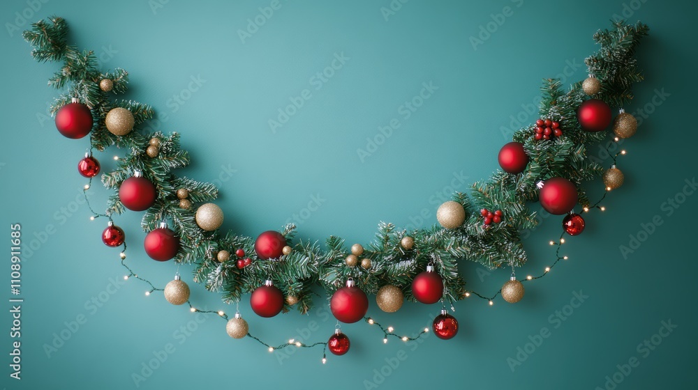 Obraz premium Christmas garland with red and gold ornaments on blue background