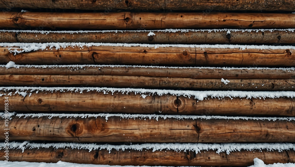 Strengthened logs forming a wooden wall covered in winter snow.
