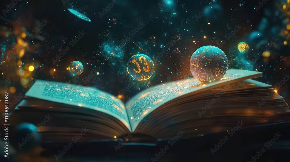Obraz premium A book is open to a page with a glowing orb in the middle