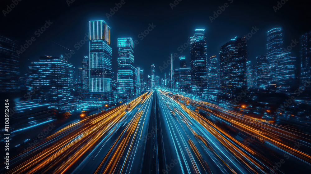 Fototapeta premium Urban skyline and bustling streets below