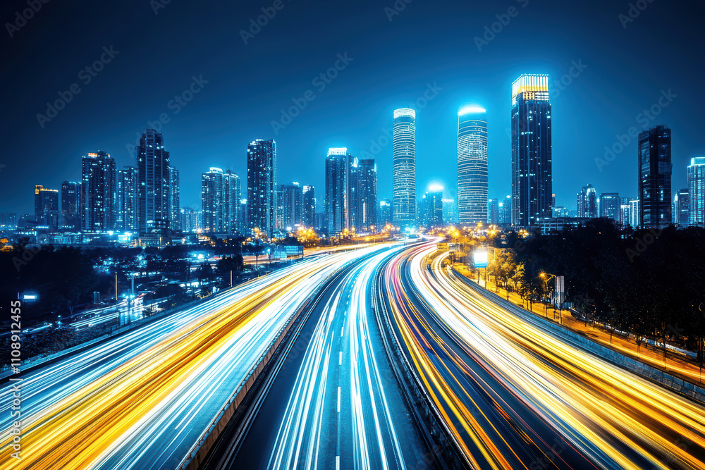 Obraz premium Nighttime cityscape with glowing windows