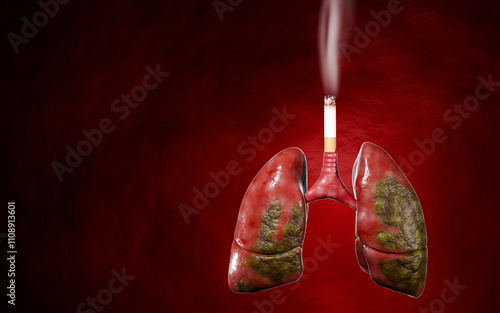 Lung cancer. Noncommunicable diseases or NCDs. Lung infections spread due to inhalation of cigarette smoke or dust. 3D Rendering. photo