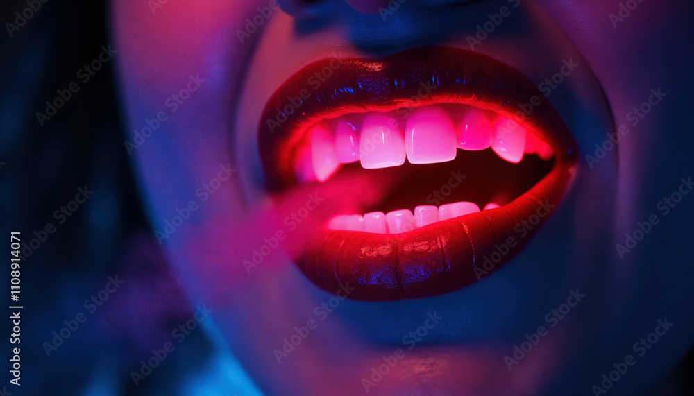 Naklejka premium Face with mouth open, teeth illuminated with red neon light