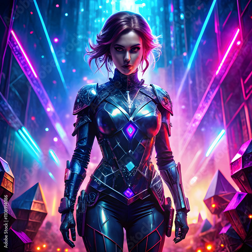 Black Widow in Diamond-Encrusted Tactical Suit with Cyberpunk Glow
