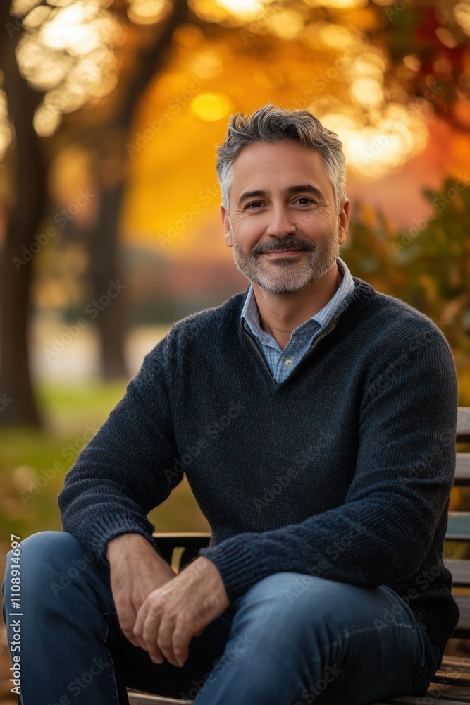 Mature Man Sitting on Bench in Autumn Mature Man Sitting on Bench in Autumn