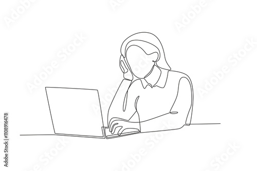 Single continuous line drawing of Stressed employee while working in front of laptop. Dynamic single line draw design graphic vector illustration.