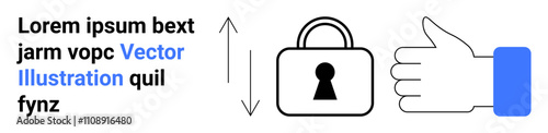 Hand engaging with a padlock, surrounded by dummy text and up-down arrows, highlighting security concepts. Ideal for concepts thumbs up data protection, online security, privacy measures