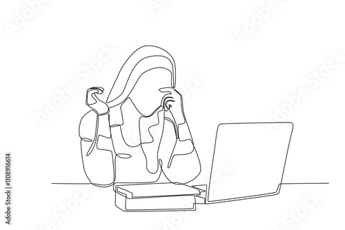 Single continuous line drawing of Stressed employee while working in front of laptop. Dynamic single line draw design graphic vector illustration.