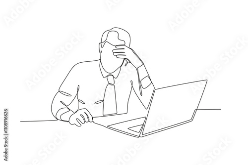 Single continuous line drawing of Stressed employee while working in front of laptop. Dynamic single line draw design graphic vector illustration.