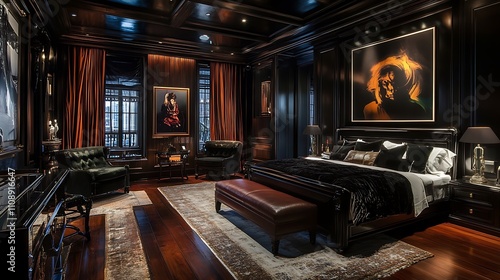 Wallpaper Mural Luxurious Black and Brown Bedroom Interior with Artwork and Plush Furniture Torontodigital.ca