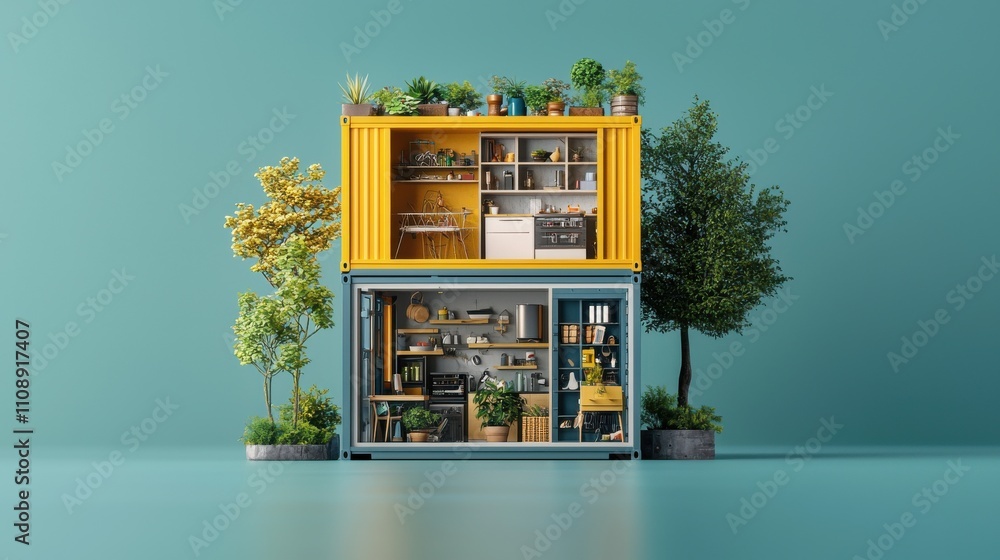 A modern, miniature container home surrounded by greenery, showcasing a stylish interior filled with plants and contemporary decor. A modern, miniature container home surrounded by greenery, showcasing a stylish interior filled with plants and contemporary decor.