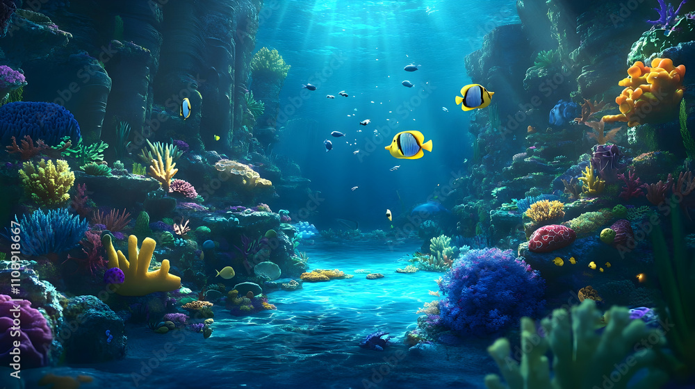 Naklejka premium Vibrant underwater scene with colorful coral reef, diverse fish, and sunlight beams.