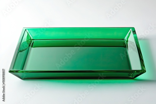 Elegant emerald green glass tray thats empty square with beveled edges against a bright white background