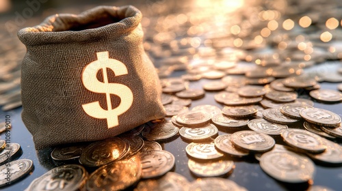 Money Bag with Dollar Sign Surrounded by Golden Coins on Table
