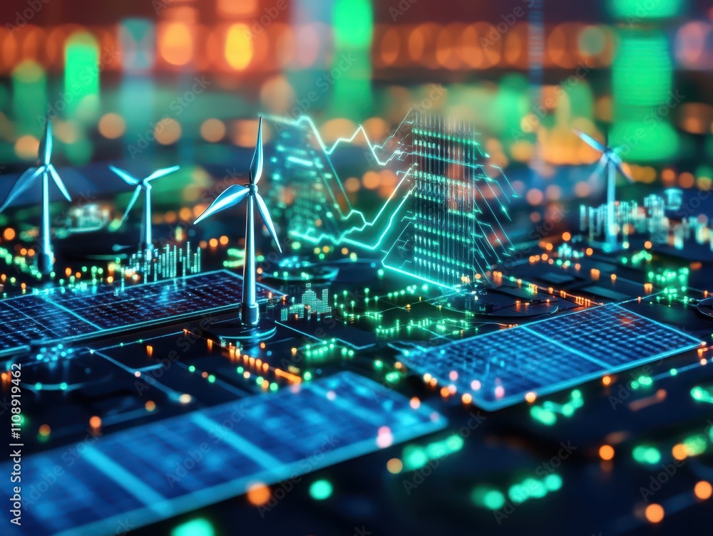 Obraz premium 3D hologram of renewable energy trading on an economic exchange platform