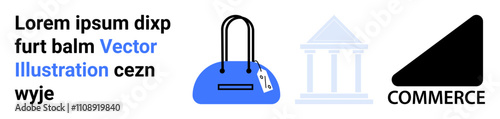 Blue handbag with a price tag next to a Greek-style bank building and a black commerce icon. Ideal for finance, shopping, e-commerce, banking, retail, marketing, and business themes. Landing page